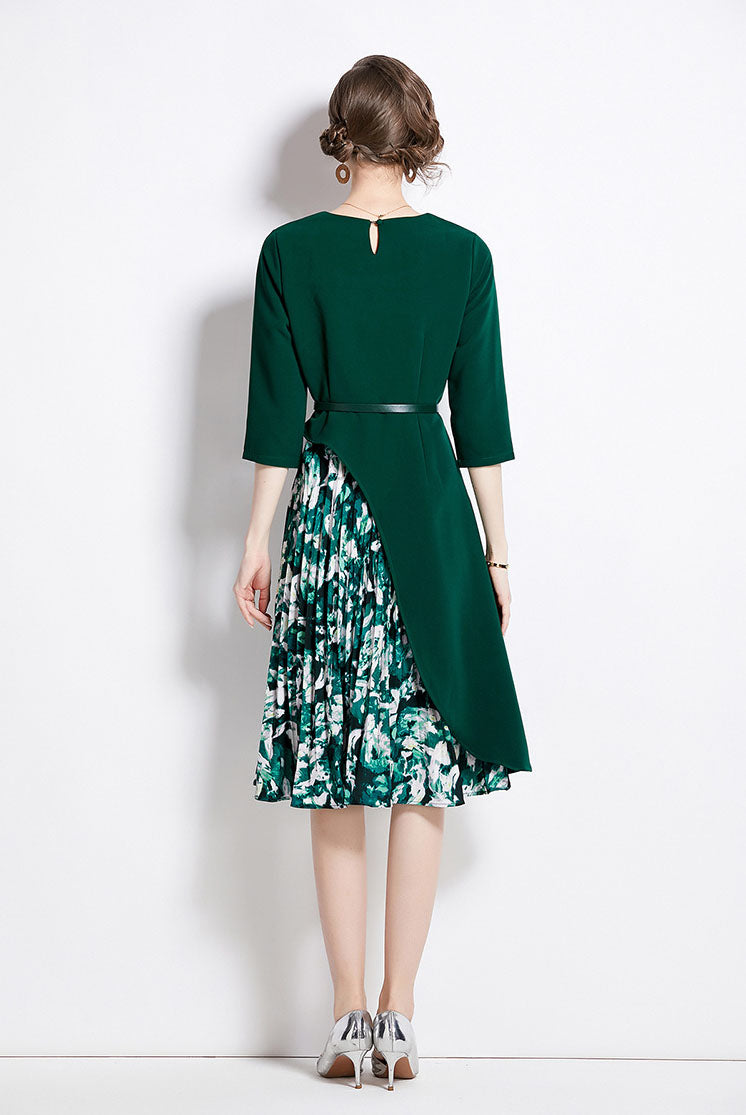 Green Floral Splicing Square Collar Dress