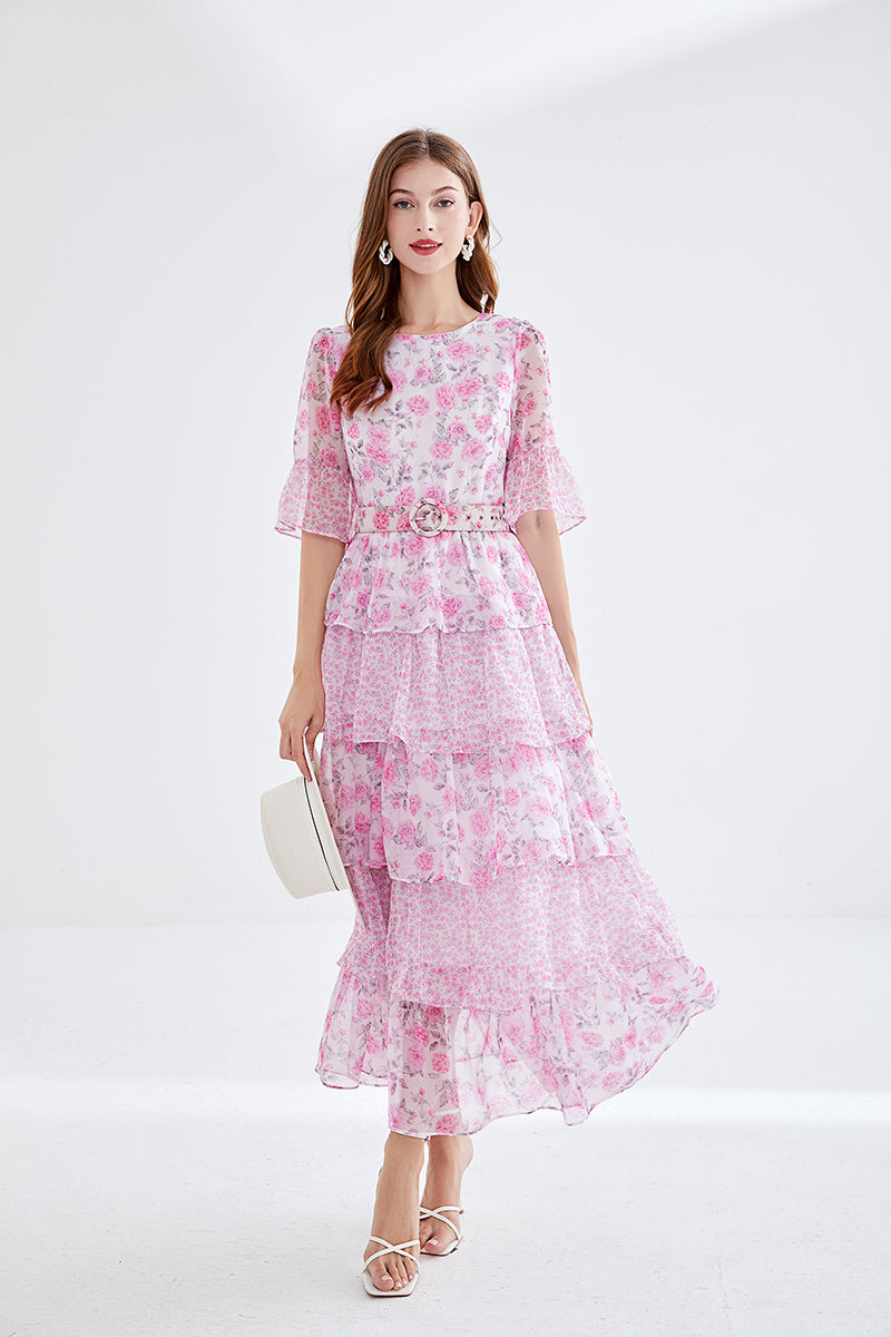 Pink Floral Bell Sleeve Layered Chiffon Dress