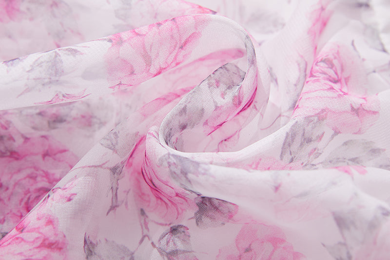 Pink Floral Bell Sleeve Layered Chiffon Dress
