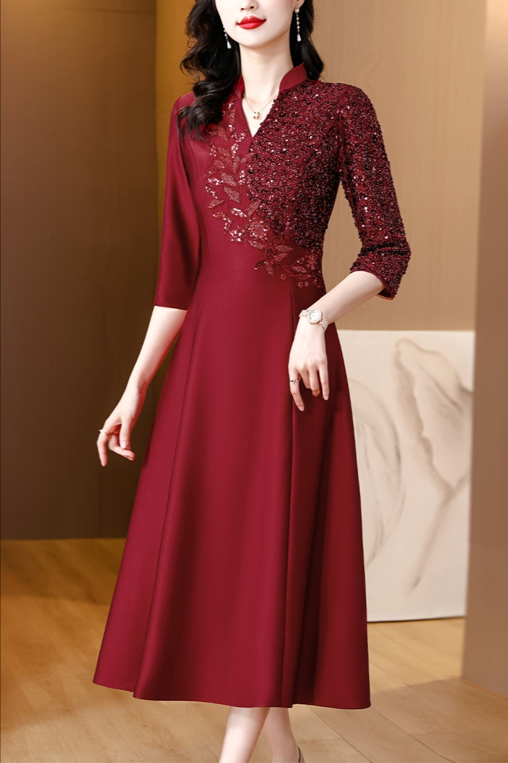 V-neck Beaded Elegant A-line Banquet Dress