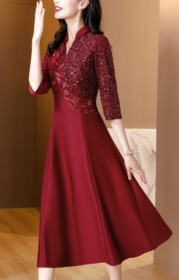 V-neck Beaded Elegant A-line Banquet Dress