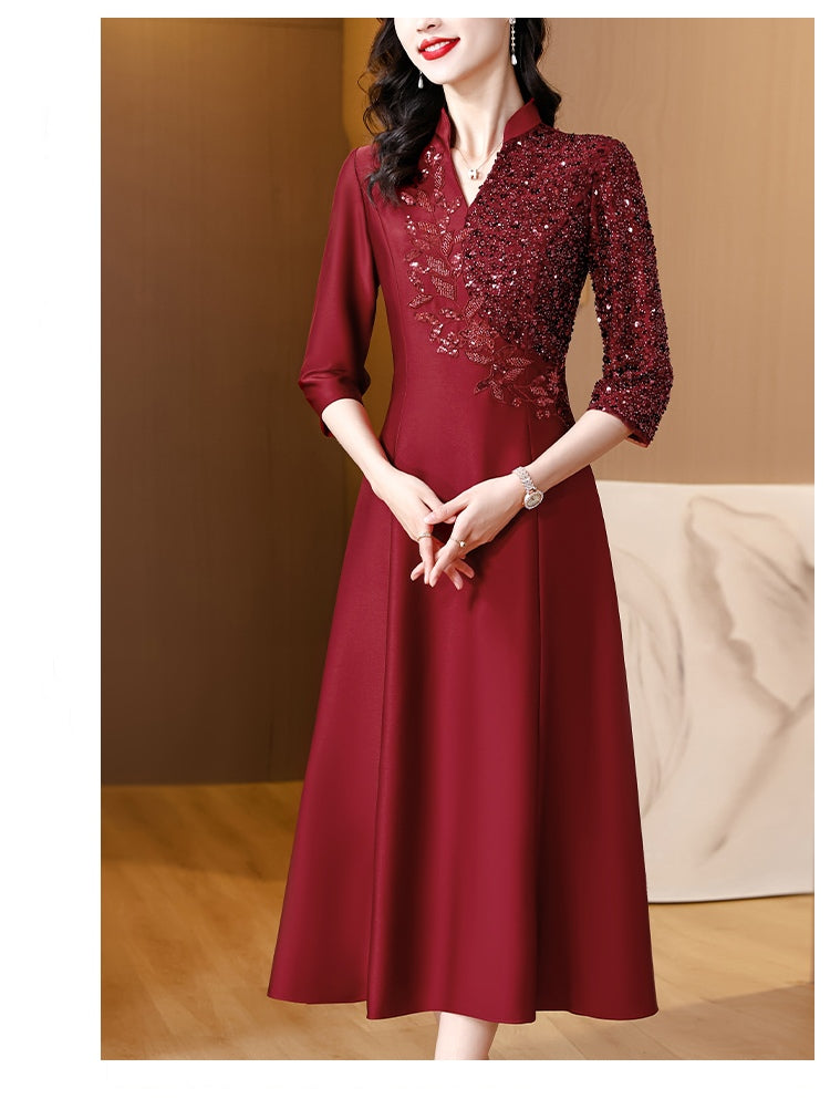 V-neck Beaded Elegant A-line Banquet Dress