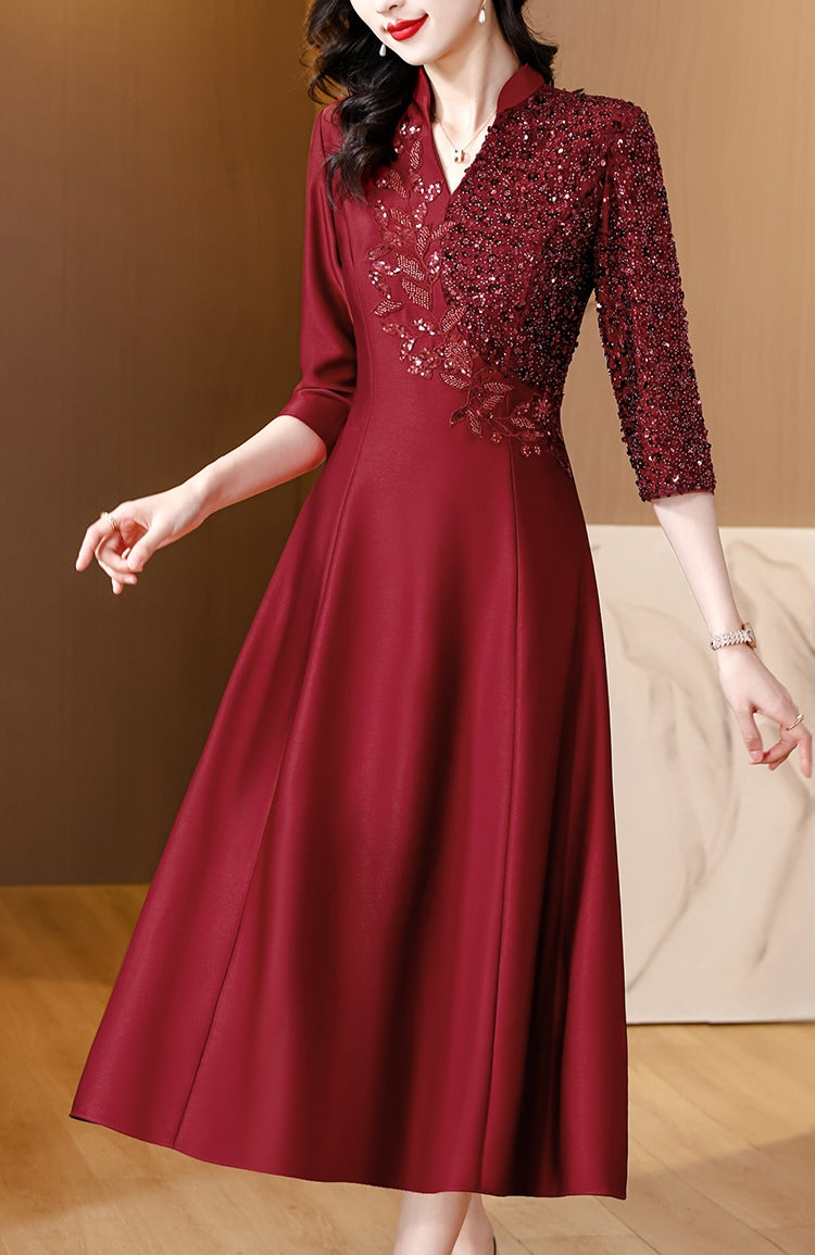 V-neck Beaded Elegant A-line Banquet Dress