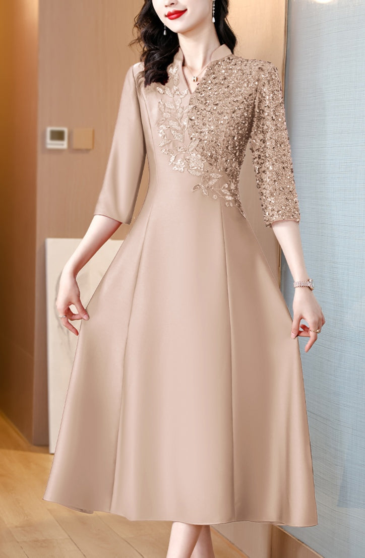 V-neck Beaded Elegant A-line Banquet Dress