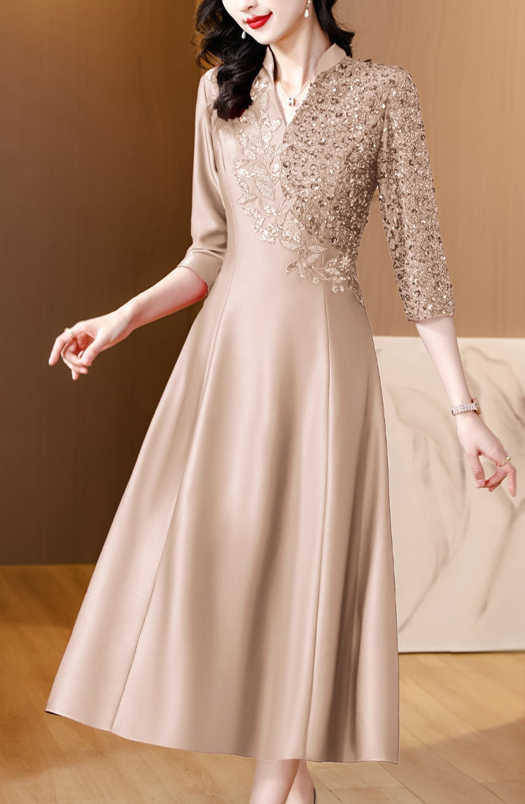 V-neck Beaded Elegant A-line Banquet Dress