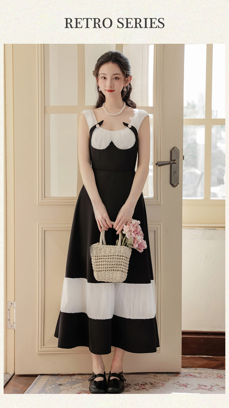 Black And White Pleated Buckle Retro Elegant Dress