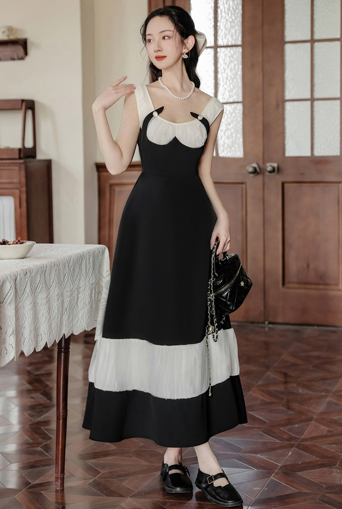 Black And White Pleated Buckle Retro Elegant Dress