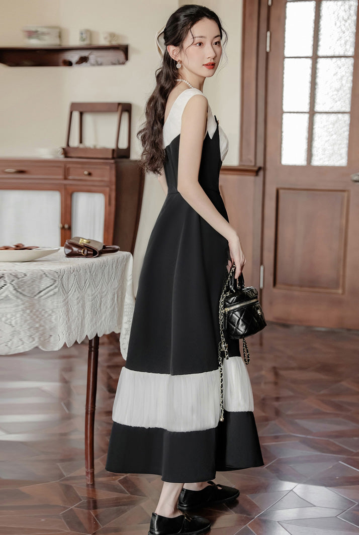 Black And White Pleated Buckle Retro Elegant Dress