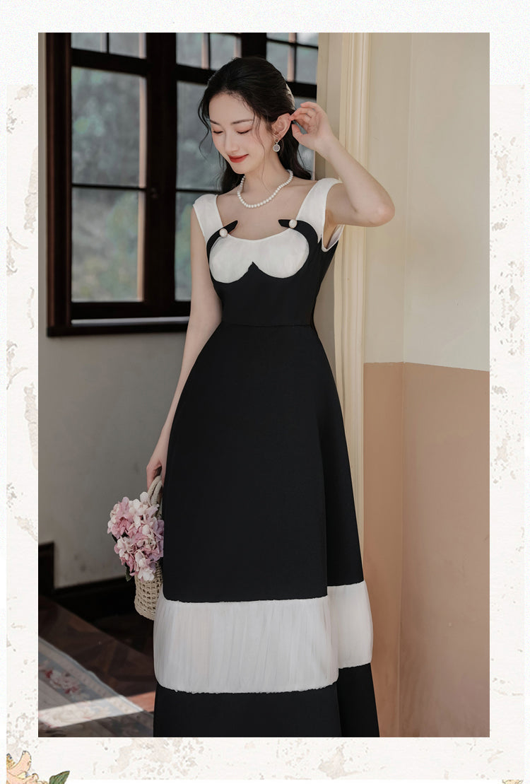 Black And White Pleated Buckle Retro Elegant Dress