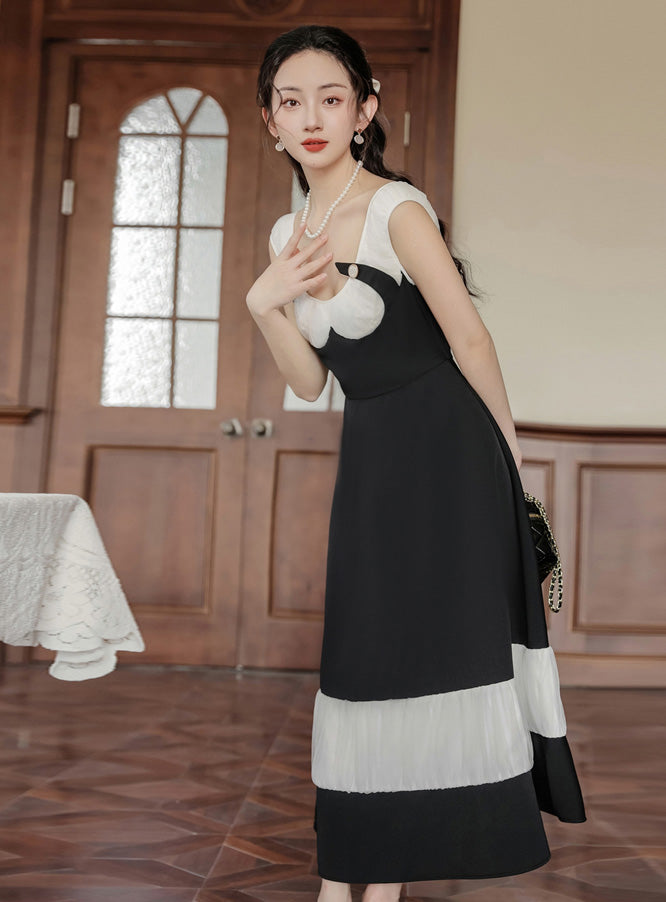 Black And White Pleated Buckle Retro Elegant Dress