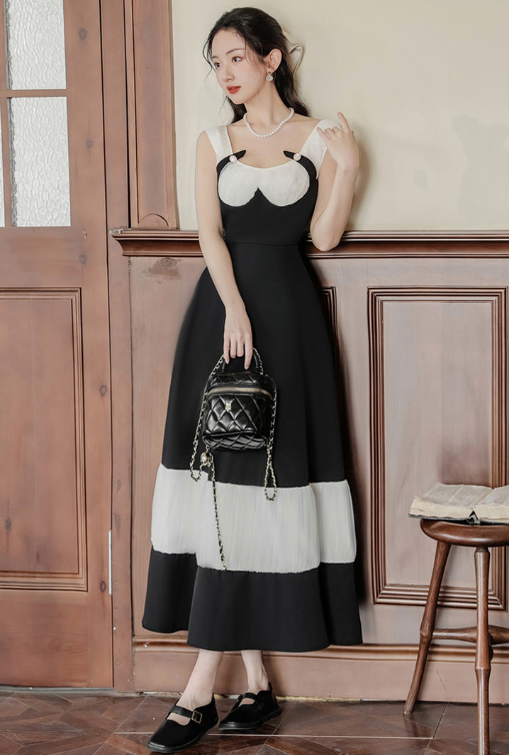 Black And White Pleated Buckle Retro Elegant Dress