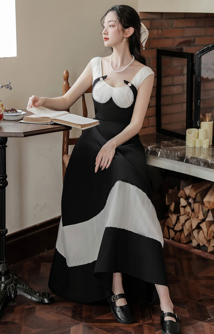 Black And White Pleated Buckle Retro Elegant Dress