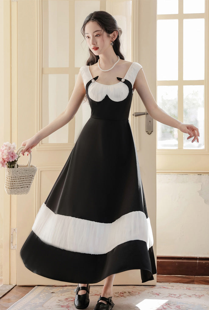 Black And White Pleated Buckle Retro Elegant Dress