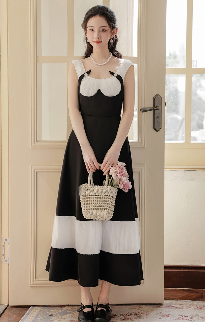 Black And White Pleated Buckle Retro Elegant Dress