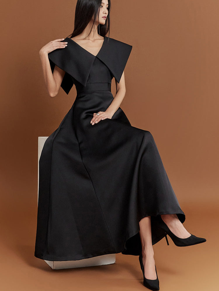Black Large Lapel Simple and Elegant Swing A-line Dress