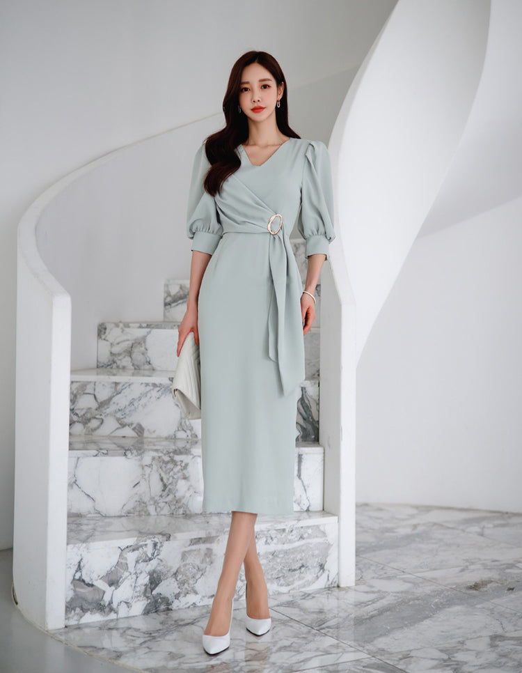 Ash Grey V-neck Medium Length Elegant Dress