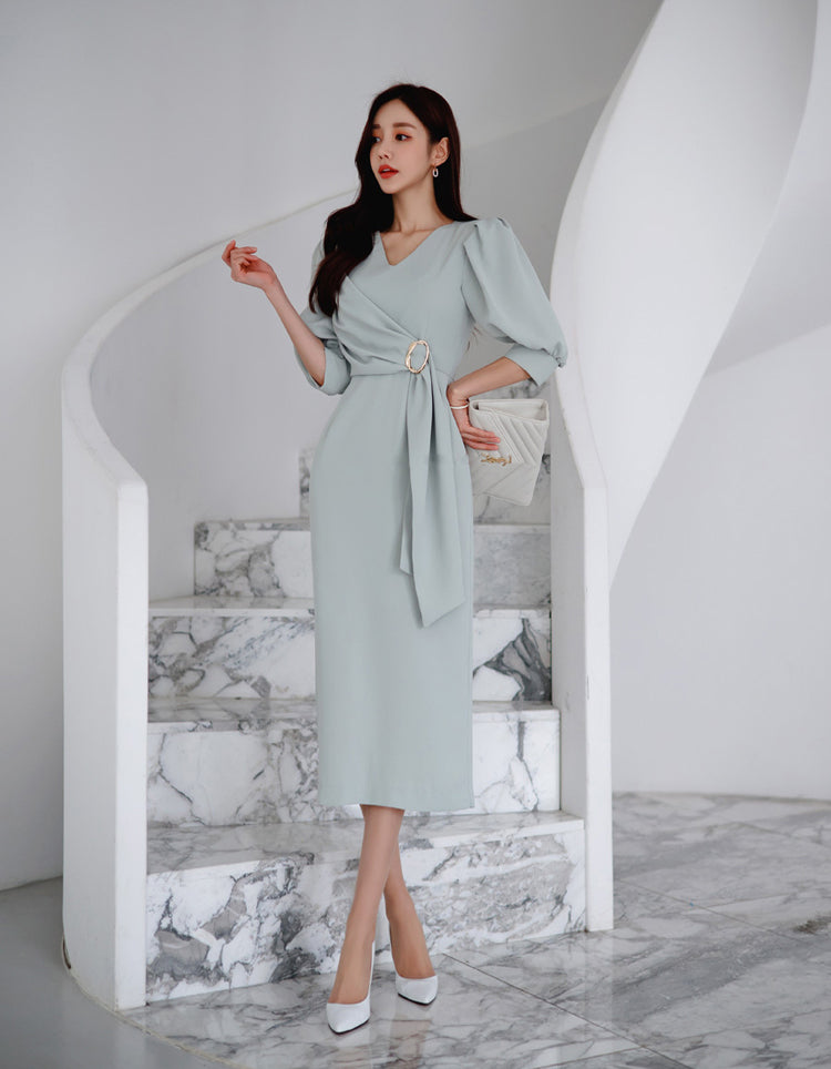 Ash Grey V-neck Medium Length Elegant Dress