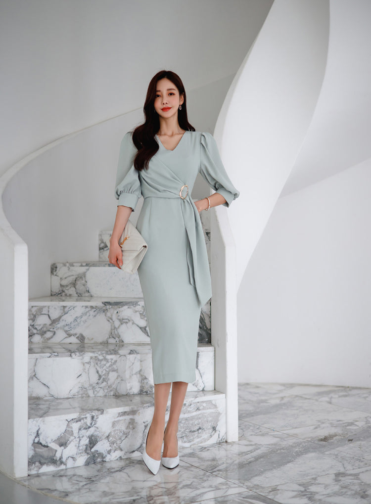 Ash Grey V-neck Medium Length Elegant Dress