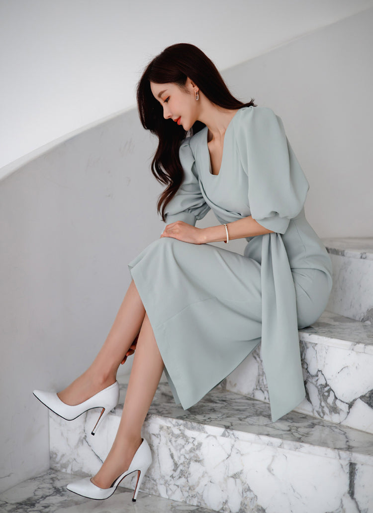 Ash Grey V-neck Medium Length Elegant Dress