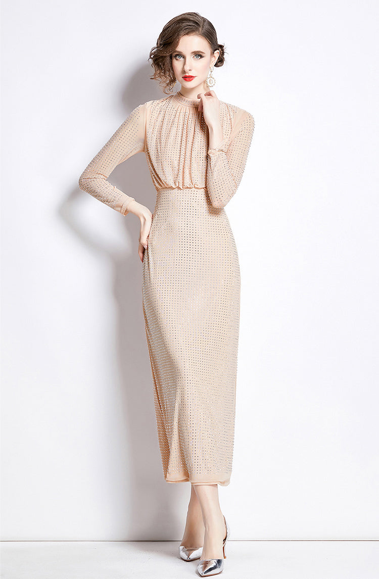 Long Sleeve Hot-drilled Mesh Mid Length Dress