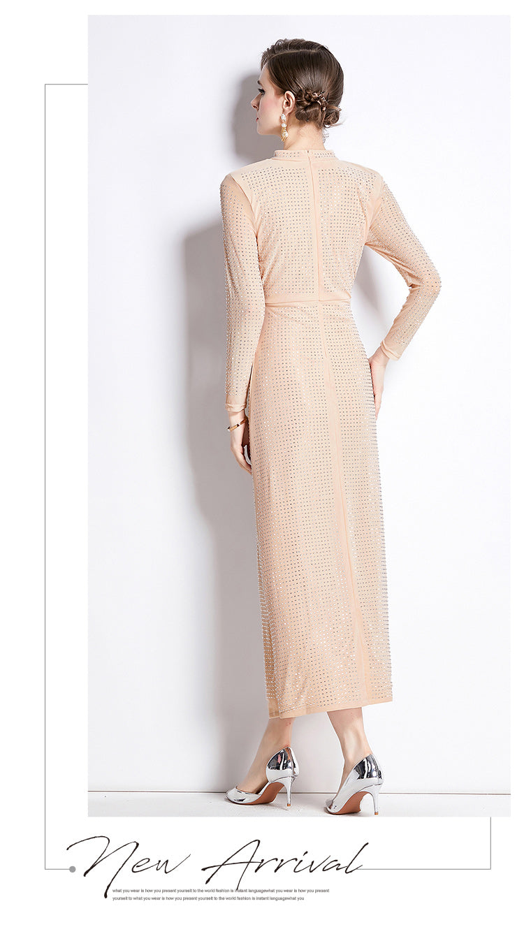 Long Sleeve Hot-drilled Mesh Mid Length Dress
