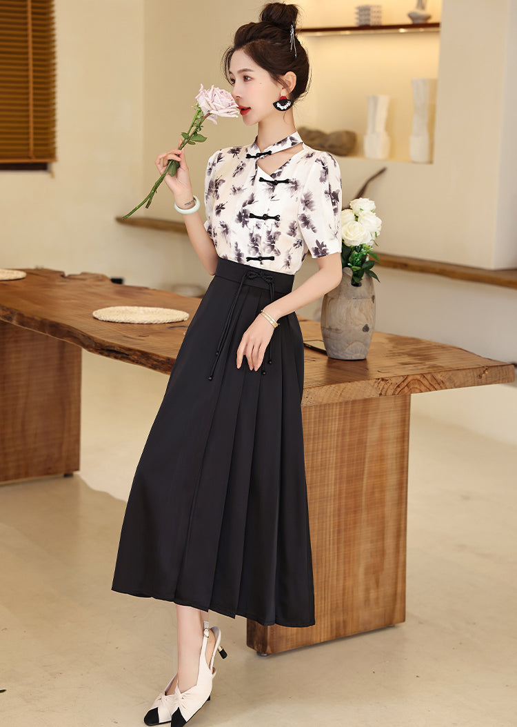 Chinese Style Buckle Top + Skirt Two Pieces Set