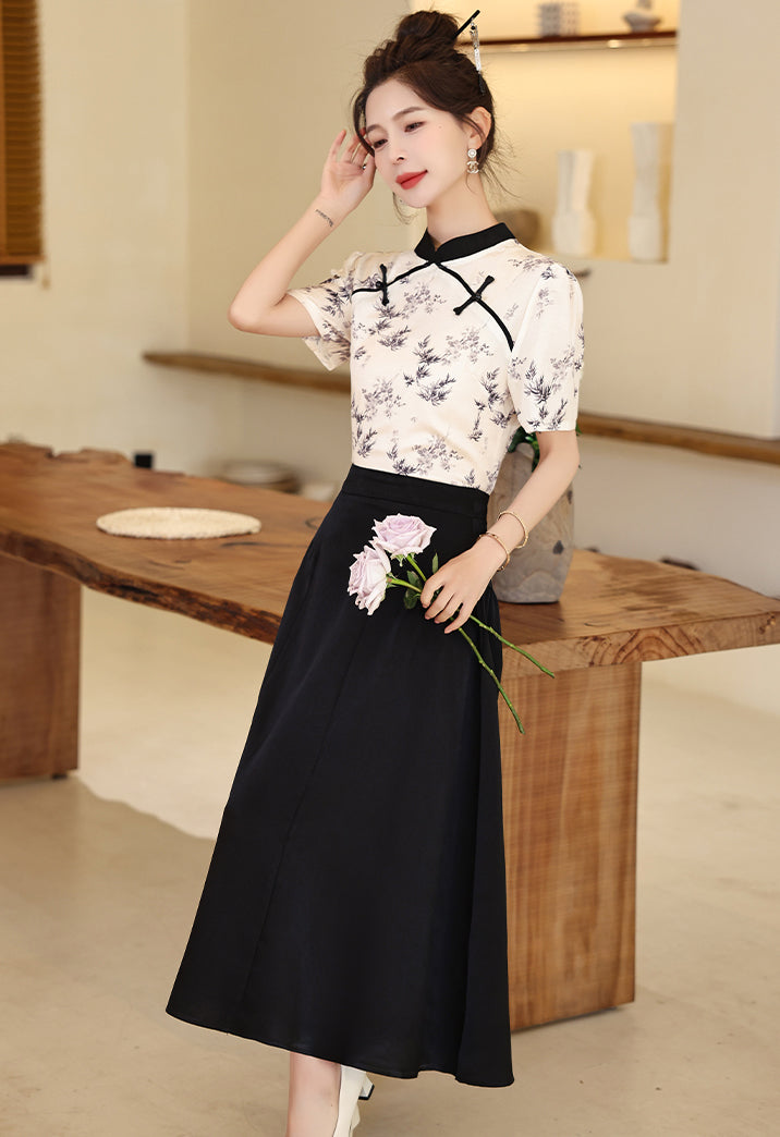 Retro Chinese Style Top Buckle t Skirt Two Pieces Set