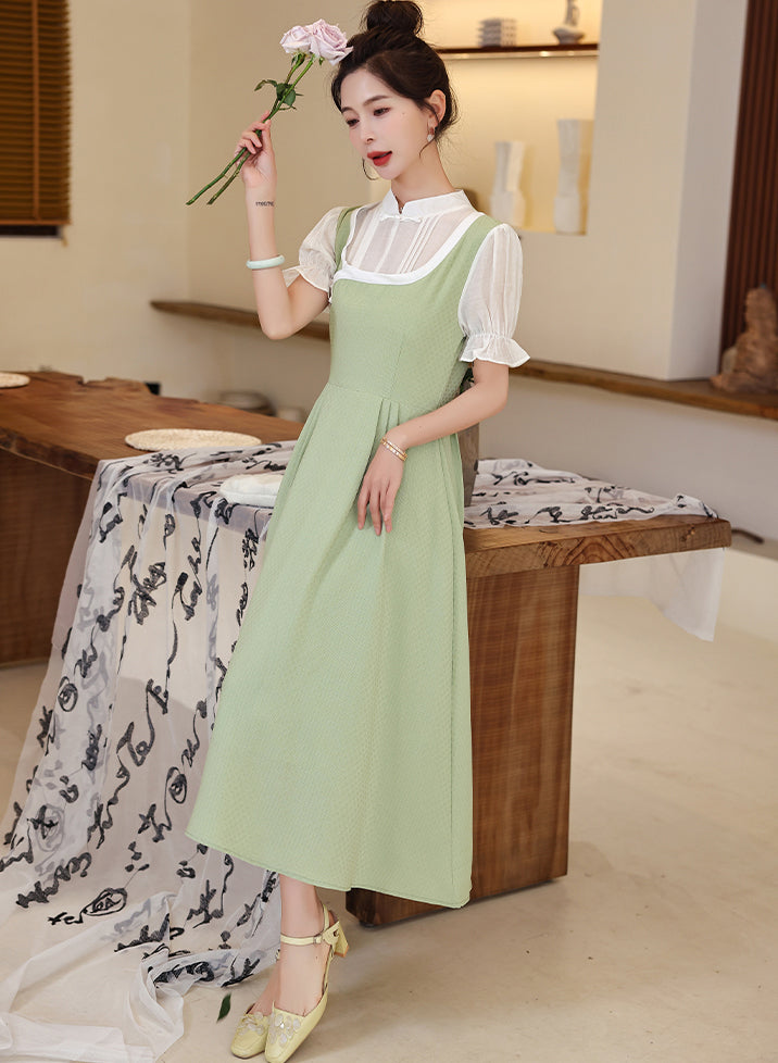 Green Retro Bow Buckle Fake Two Splicing Dress