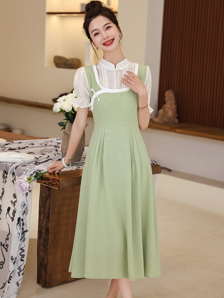Green Retro Bow Buckle Fake Two Splicing Dress