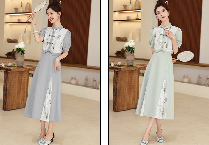 Chinese Style Buckle Top + Skirt Two Pieces Set