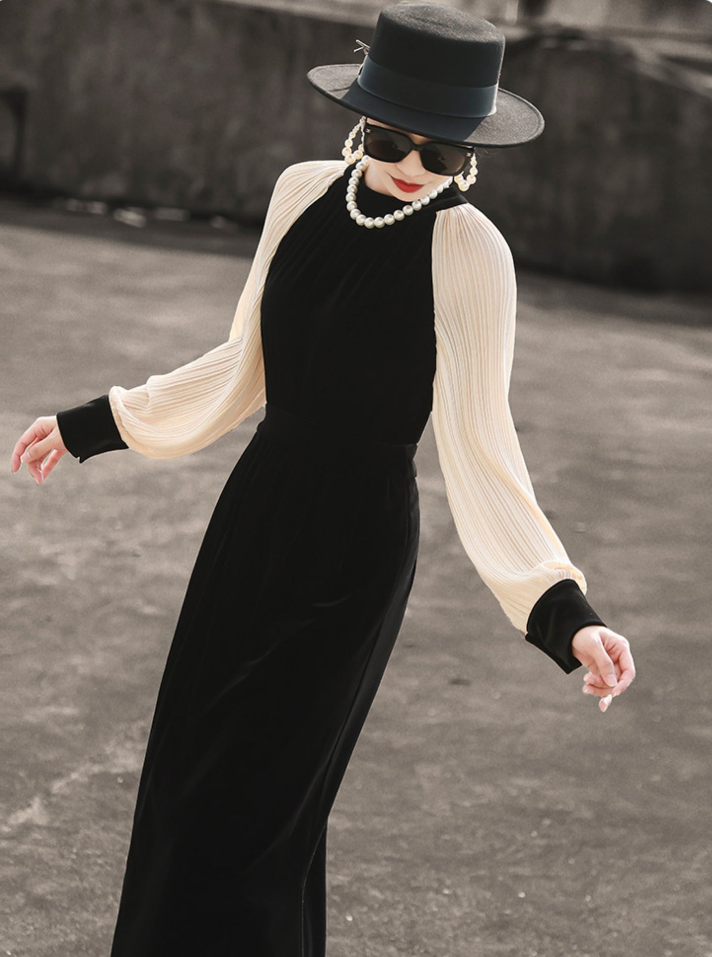 Black Velvet Elegant Long-sleeved Pleated Patchwork Mid-length Dress