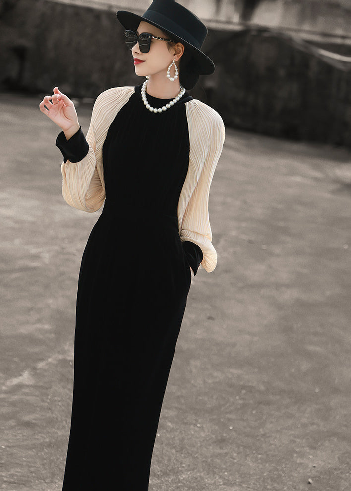 Black Velvet Elegant Long-sleeved Pleated Patchwork Mid-length Dress