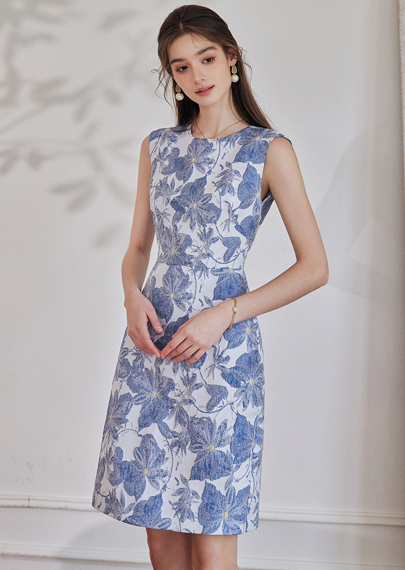 Blue Floral Sleeveless Slim Dress