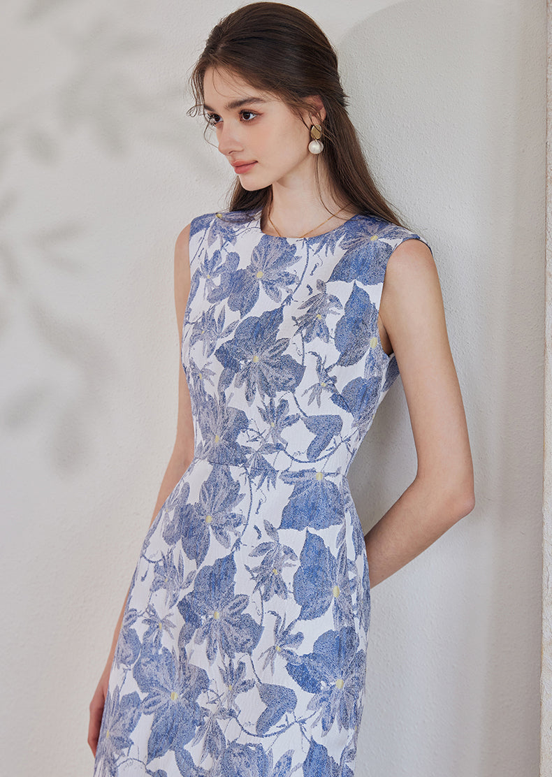 Blue Floral Sleeveless Slim Dress