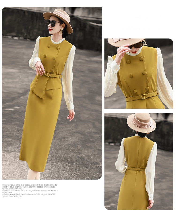 Spliced Lace-up Long Sleeve Fake Two Mid Length Dress