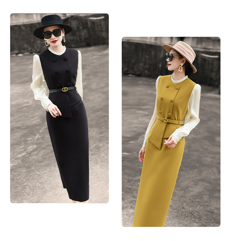 Spliced Lace-up Long Sleeve Fake Two Mid Length Dress