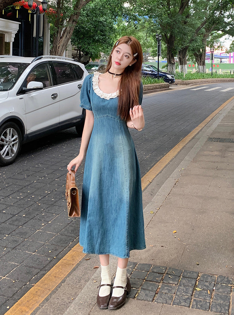 Blue Denim Retro Mid Length Dress