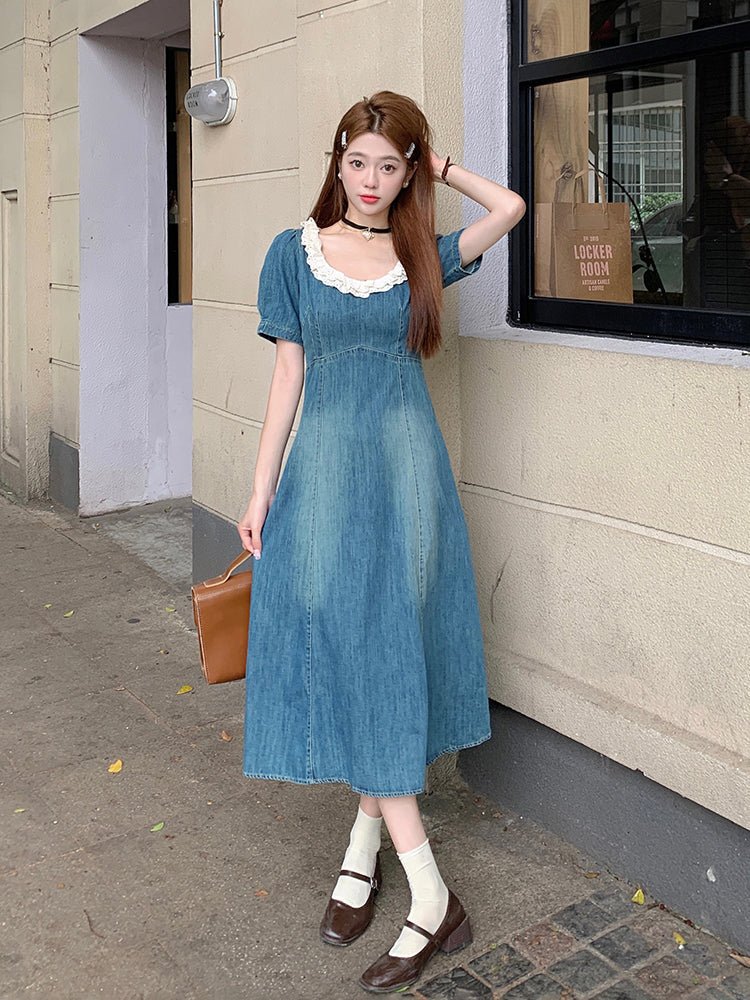 Blue Denim Retro Mid Length Dress