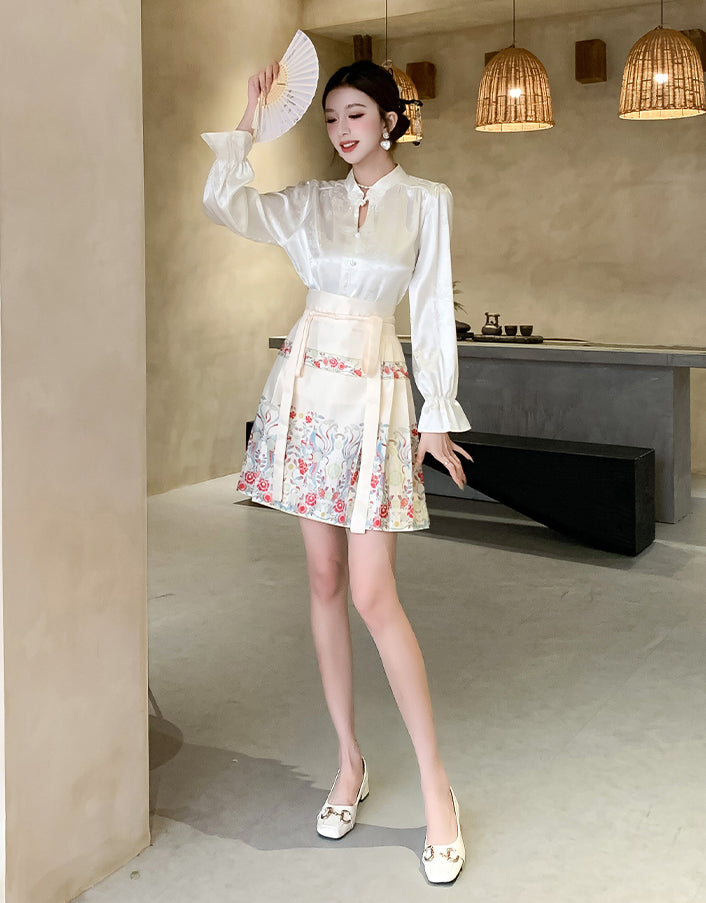 Long-sleeve Chinese Style Top + Apricot Wrapped Mini Skirt Two Pieces Set