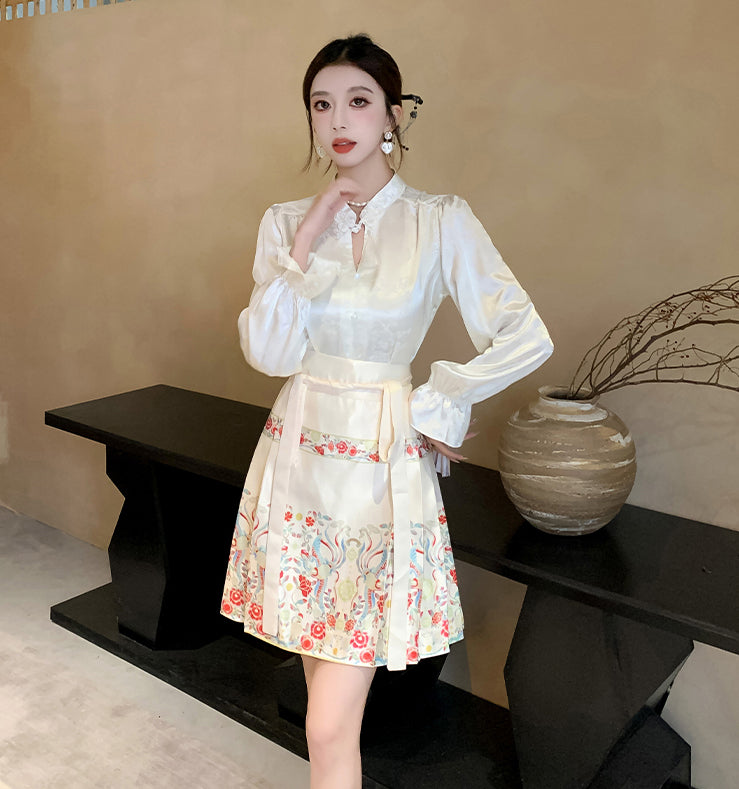 Long-sleeve Chinese Style Top + Apricot Wrapped Mini Skirt Two Pieces Set