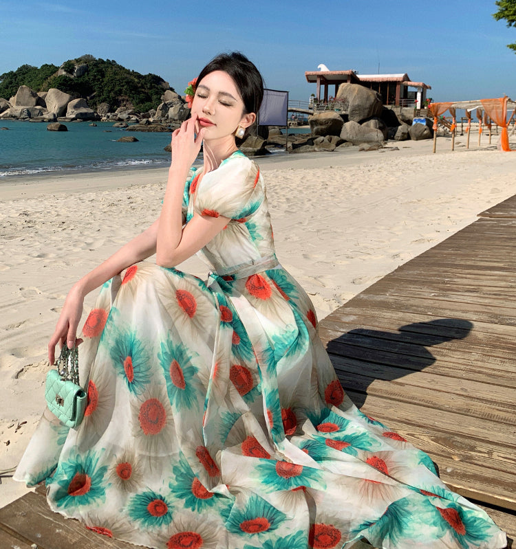 Retro Floral V-neck Beach Dress