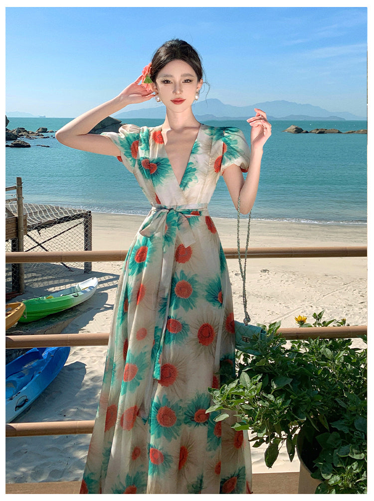 Retro Floral V-neck Beach Dress