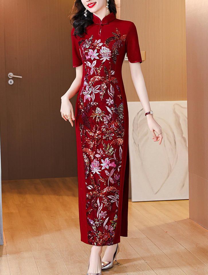 Red Cheongsam Anti-wrinkle Drape Sequin Embroidery Dress