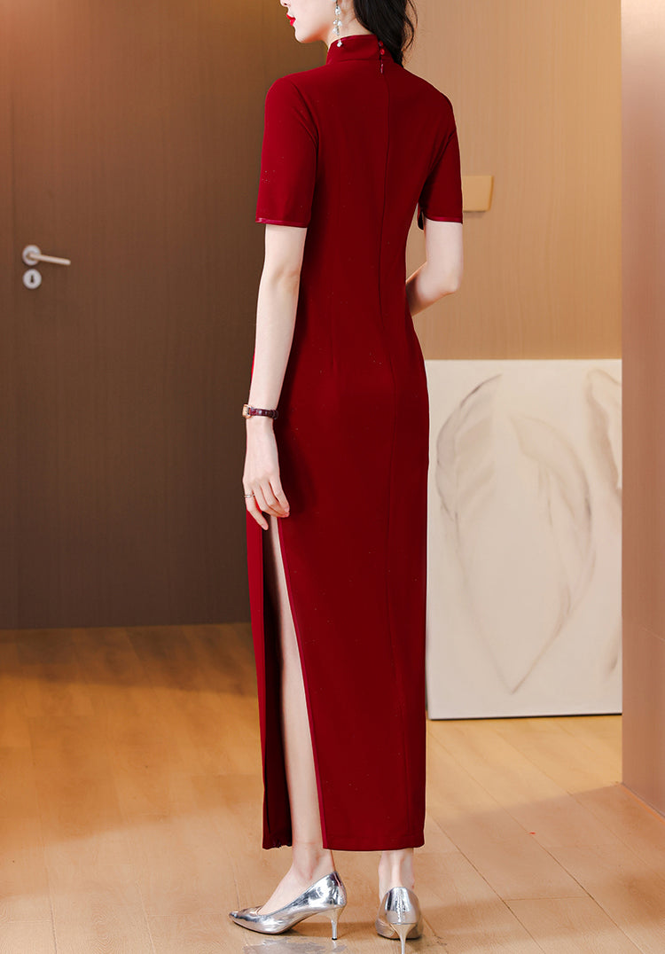 Red Cheongsam Anti-wrinkle Drape Sequin Embroidery Dress