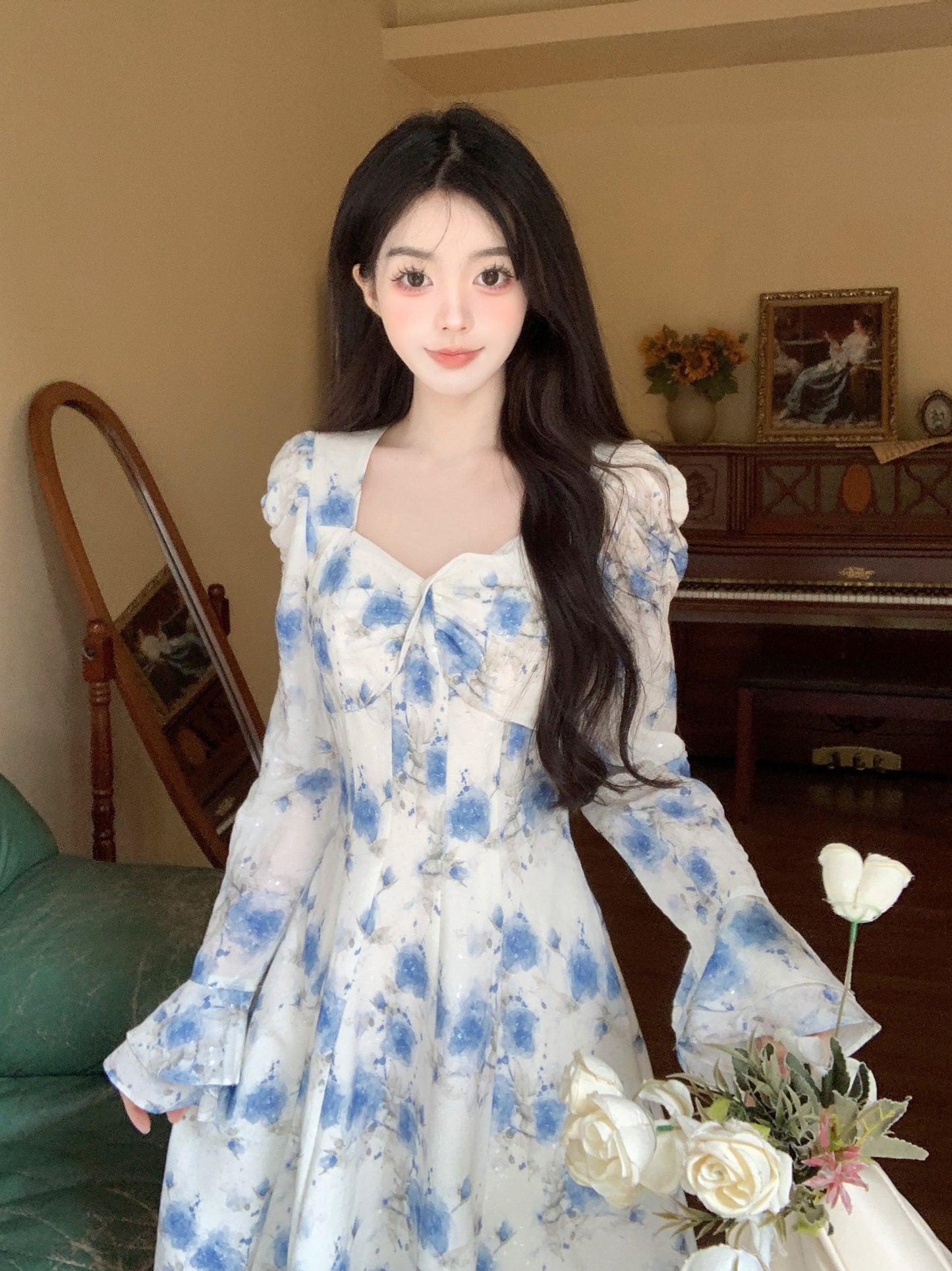 Blue Floral Elegant Fashion Long Sleeve Dress