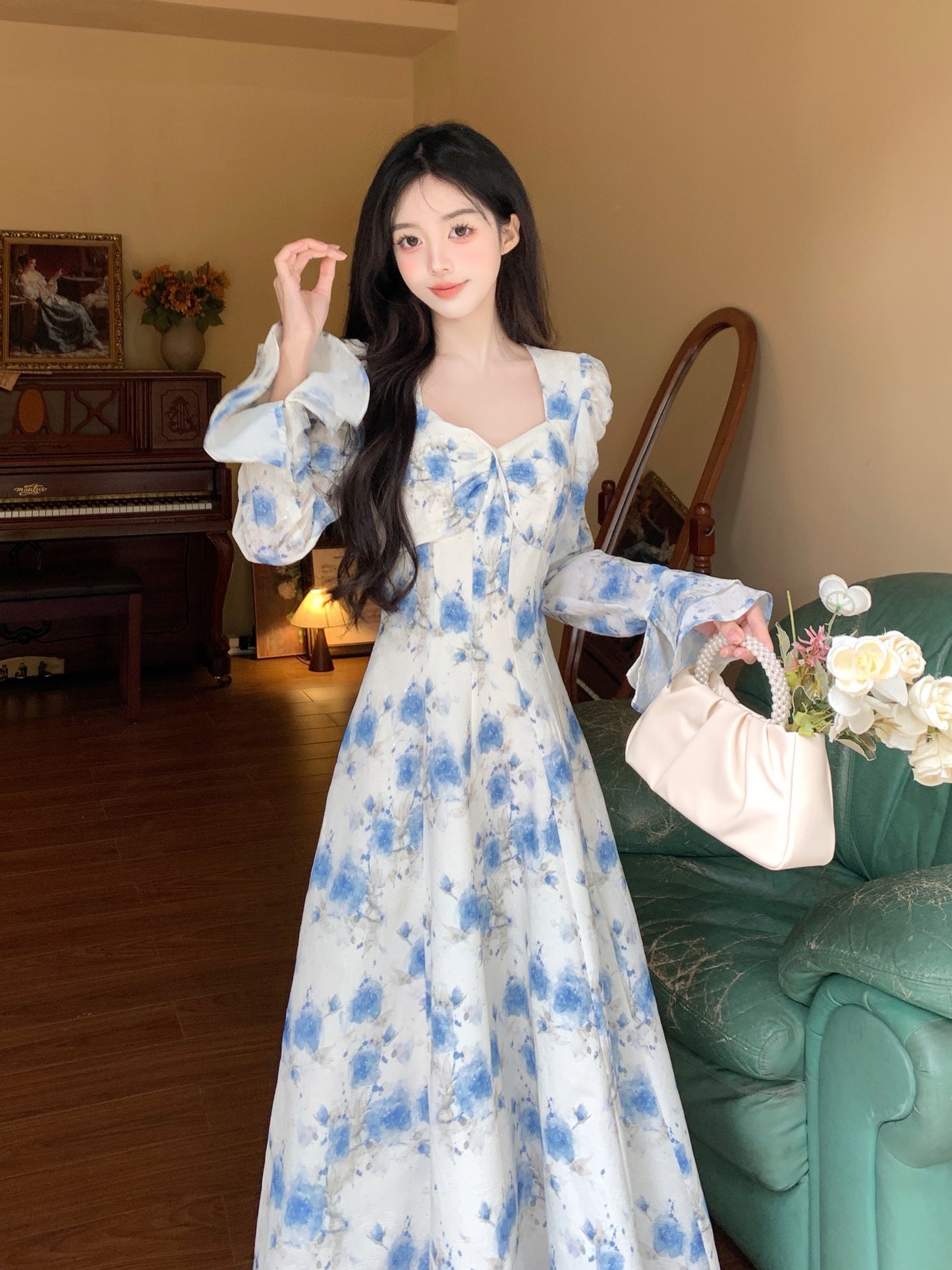 Blue Floral Elegant Fashion Long Sleeve Dress