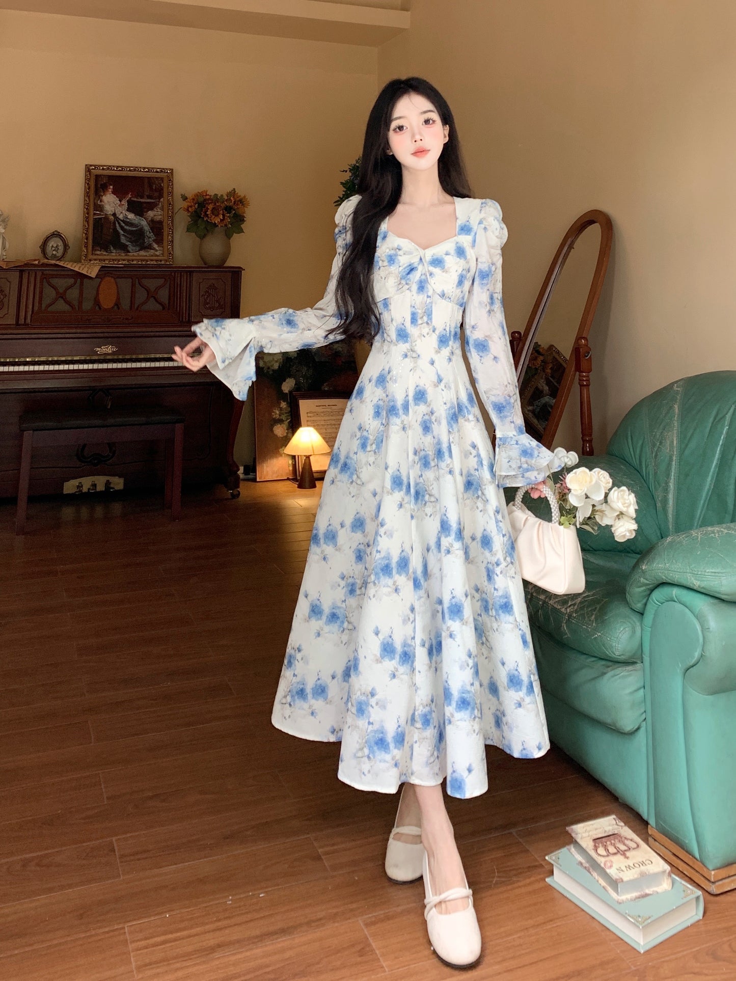 Blue Floral Elegant Fashion Long Sleeve Dress