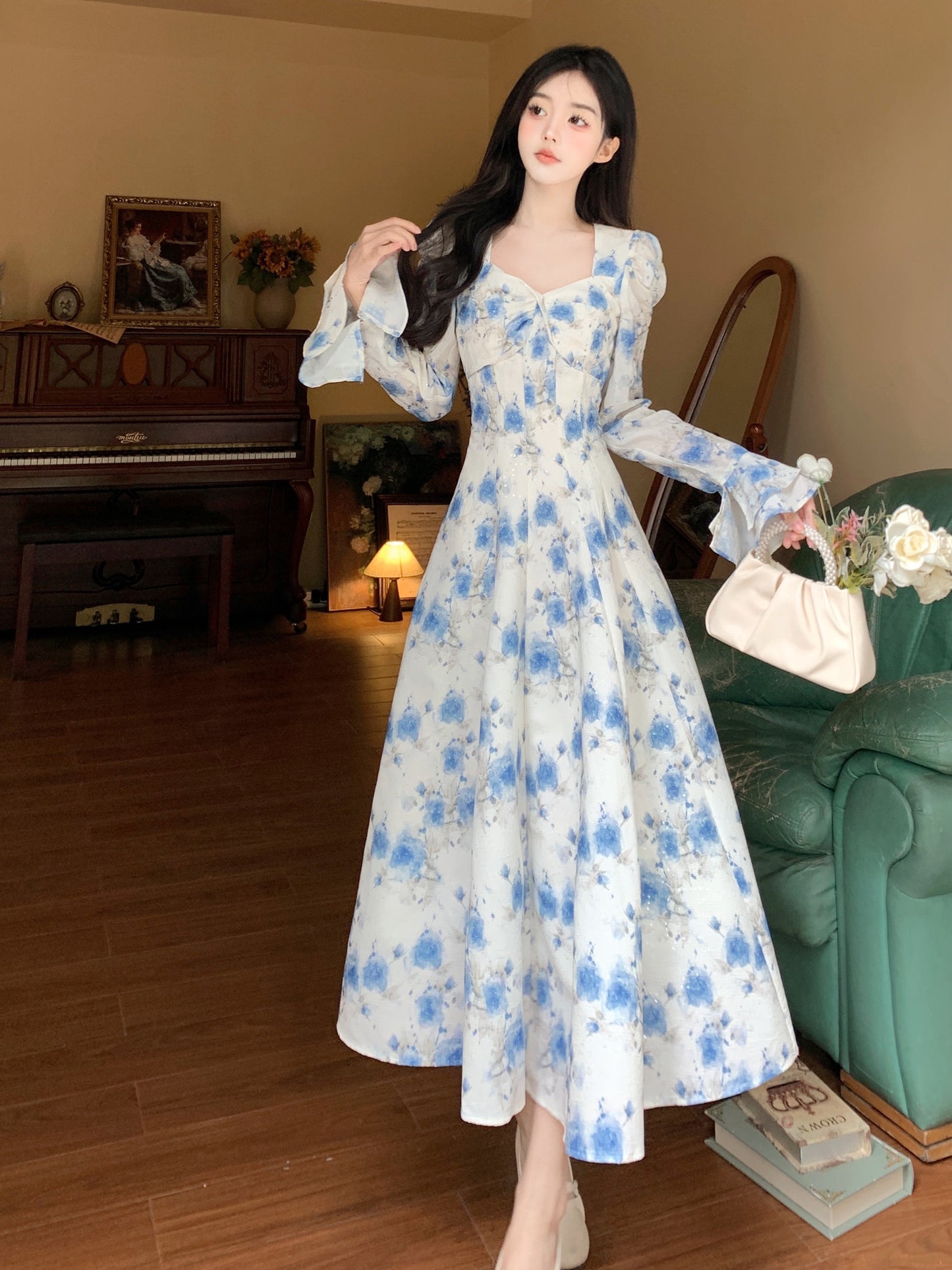 Blue Floral Elegant Fashion Long Sleeve Dress