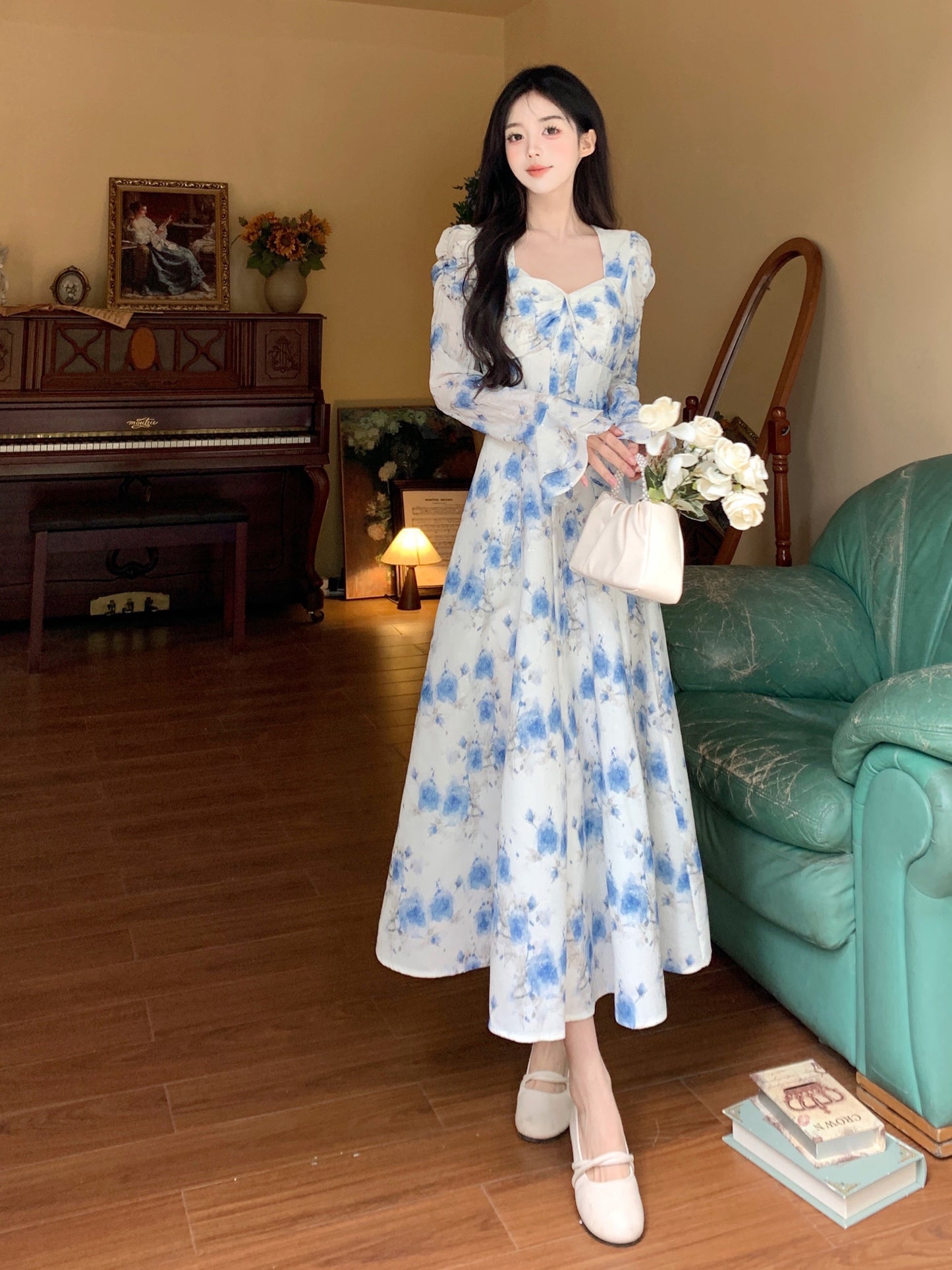 Blue Floral Elegant Fashion Long Sleeve Dress