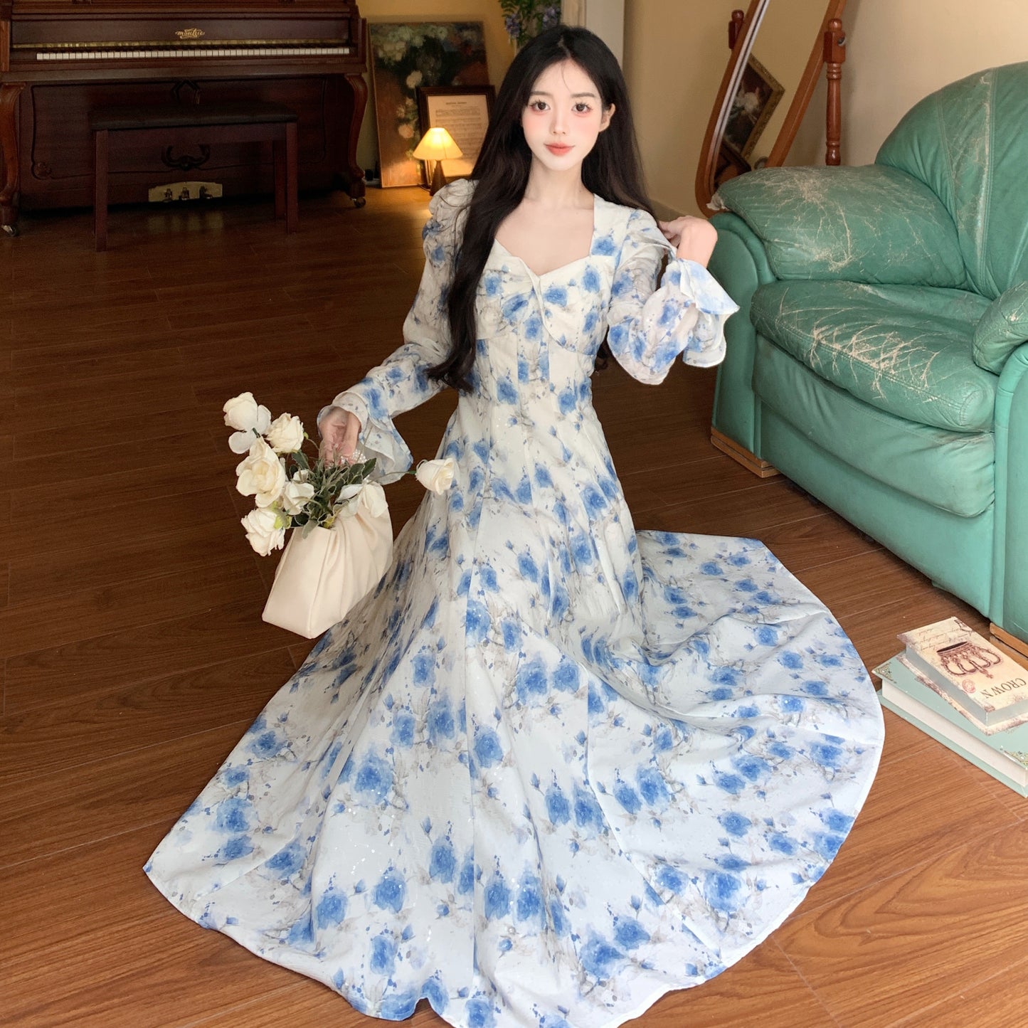 Blue Floral Elegant Fashion Long Sleeve Dress